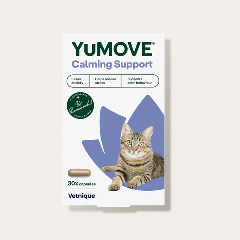 YuMOVE Calming Support packaging for cats with a cat illustration on a beige background