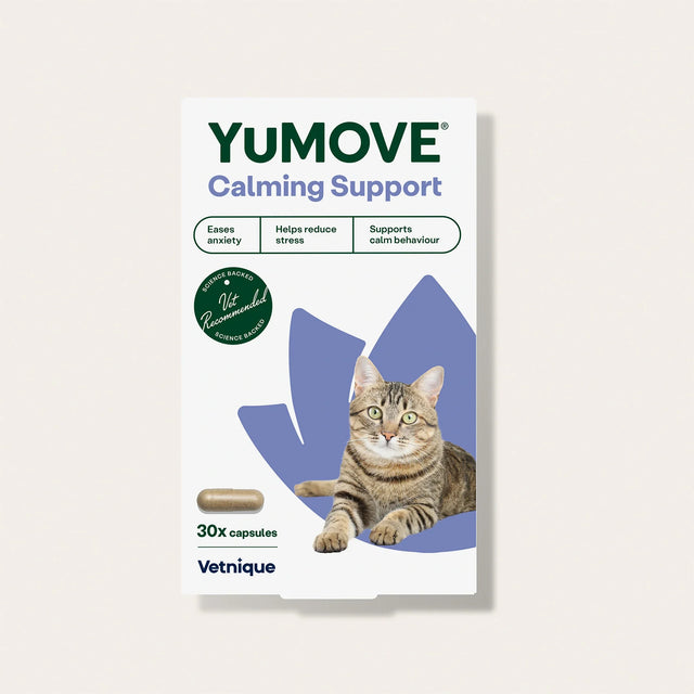YuMOVE Calming Support packaging for cats with a cat illustration on a beige background1