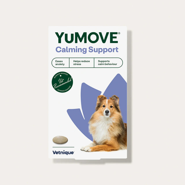 YuMOVE Calming Support packaging for dogs with a dog illustration on a white background1