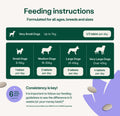 Feeding instructions for dogs of different sizes with corresponding tablets per day on a green and white background. bullet 3