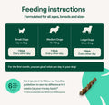 Feeding instructions for dog treats on a green background with text and illustrations. bullet 3