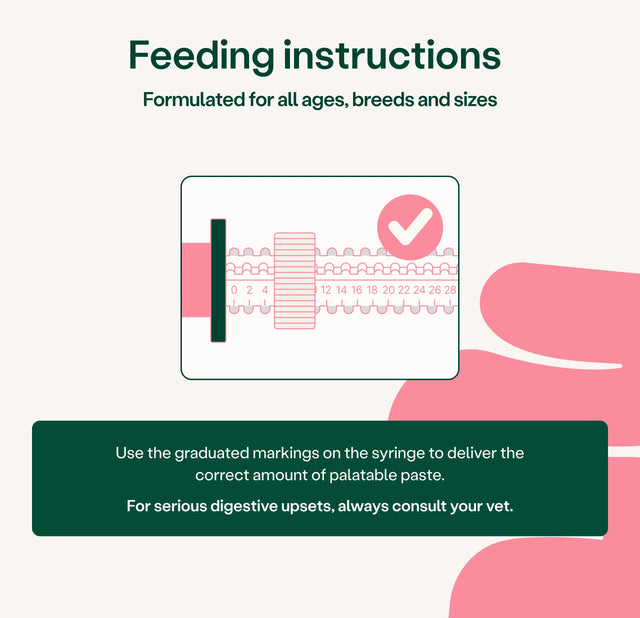 Feeding instructions for a product with a syringe and graduated markings on a white background.4