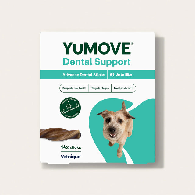 YUMOVE Dental Support packaging for dogs with a dog on the label.4