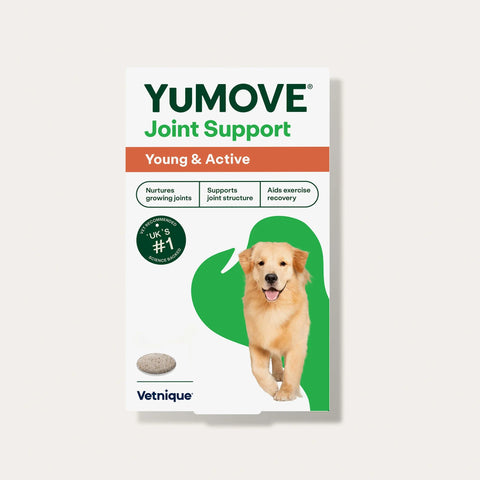 YuMOVE Joint Support package for young and active dogs on a light gray background