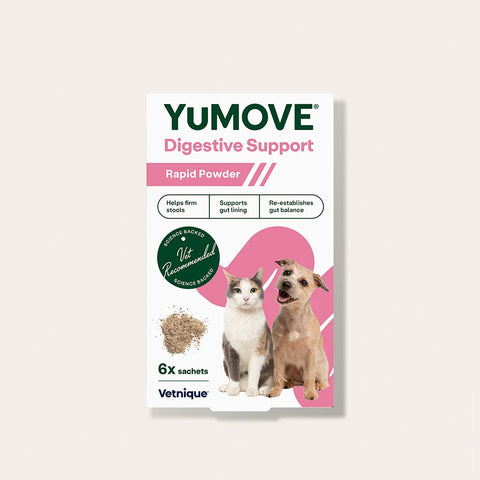 Yumove Digestive Support package for pets on a light gray background