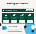 Feeding instructions for dogs of different sizes with corresponding bites per day on a green and white background. bullet 2