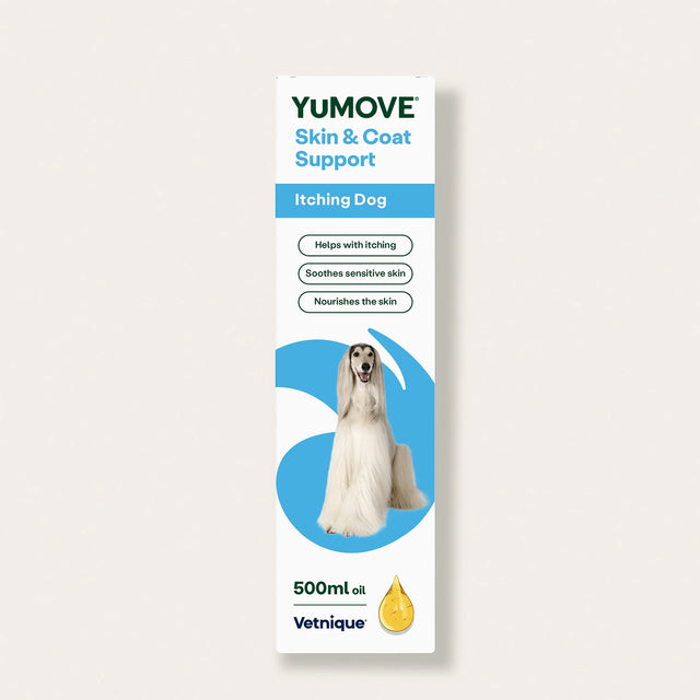 YuMOVE Skin & Coat Support product packaging for itching dogs on a light gray background4