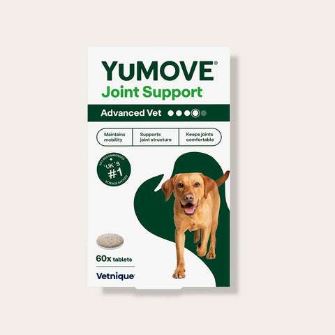 YuMOVE Joint Support Advanced Vet package with a dog on a white background